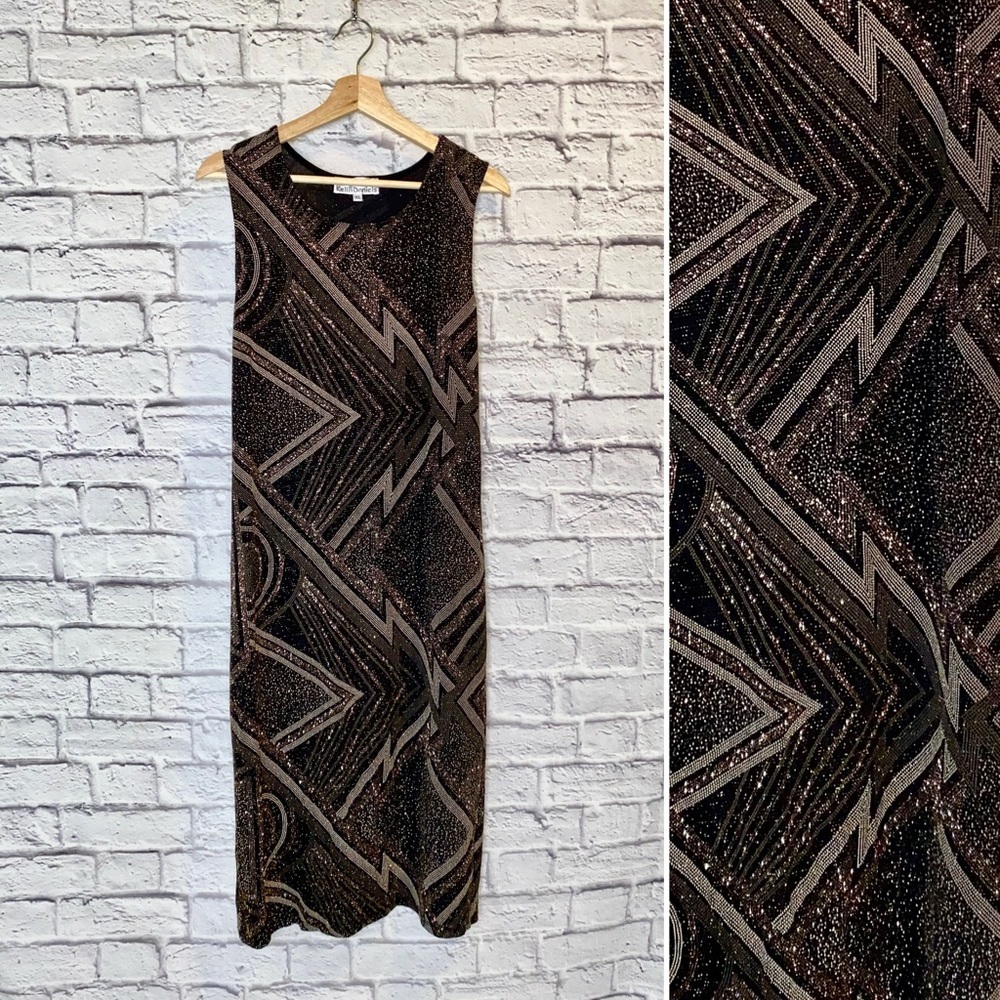 Vintage ⭐️ Black & Bronze Metallic Stretchy Patterned Sheath Dress. Size XL.